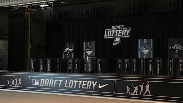 Dec 4, 2023; Nashville, TN, USA; A view of the Draft Lottery stage at the 2023 MLB Winter Meetings. Mandatory Credit: Kyle Schwab-USA TODAY Sports  